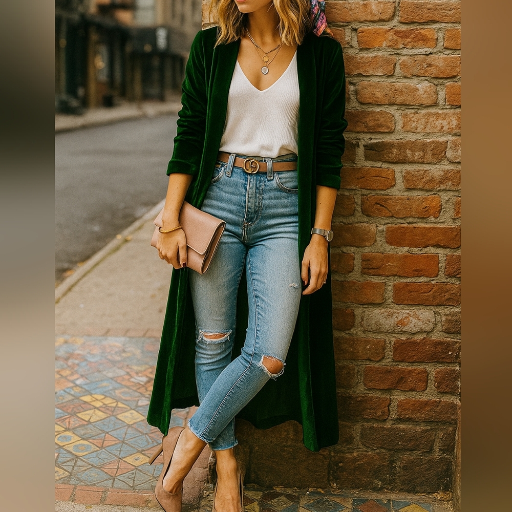 Retro Velour 70s Longline Open Front Cardigan Split Hem Sweater Duster Jacket